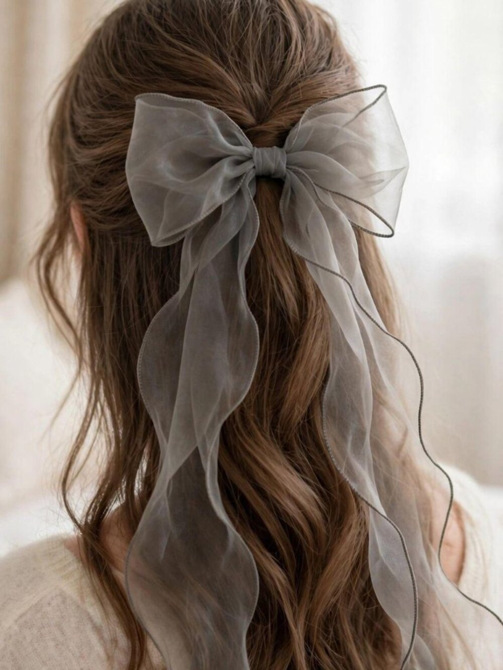 Gray Sheer Organza Bow Barrette Long Ribbon Tails Hair Clip Coquette Fairycore